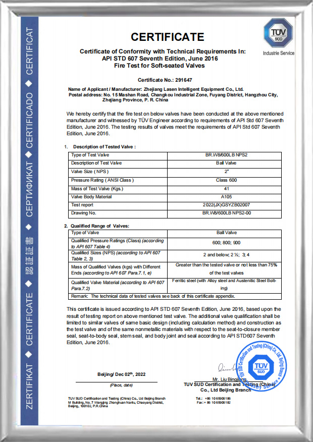 API 607-brandcertificering (BR.W8/600 LB NPS2)